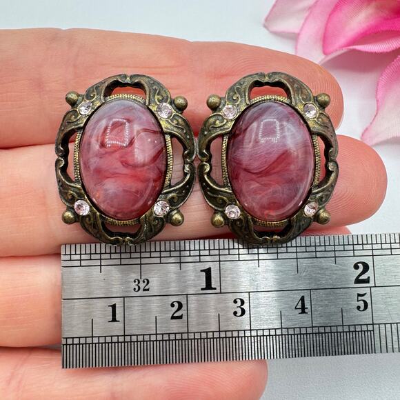 Vintage 1928 Victorian Revival Purple Swirled Lucite Cabochon Pink Rhinestones - Picture 10 of 12